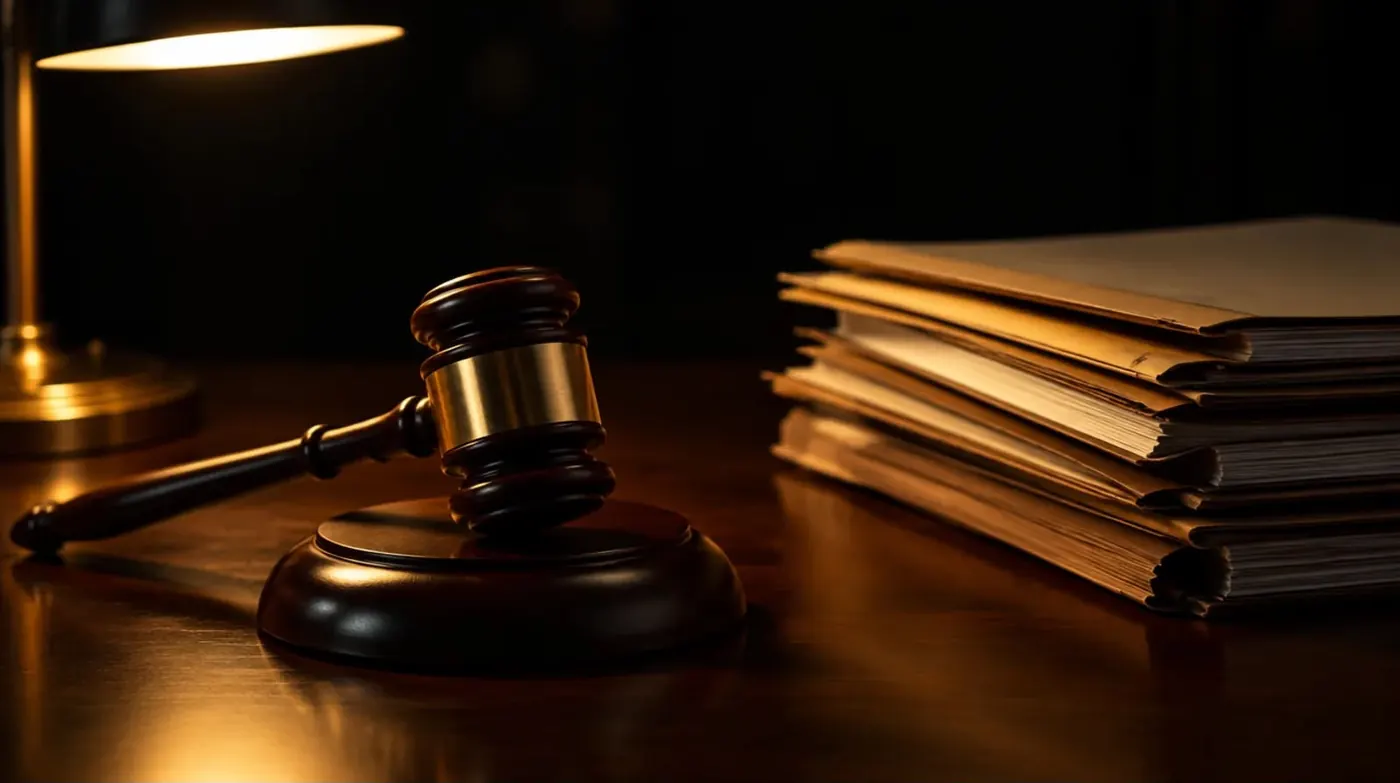Wooden gavel and case files on a desk under warm lamp light